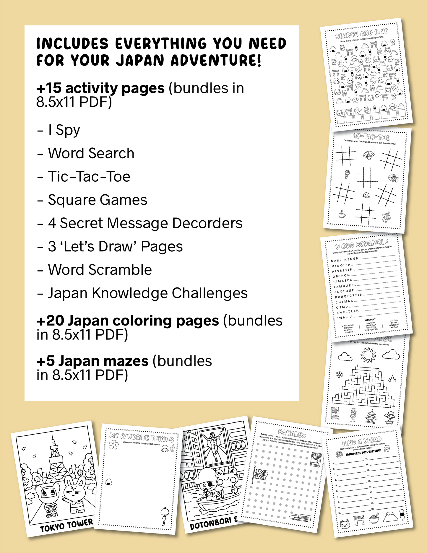 Japan Printable Activity Bundle with Coloring Pages, Word Search, Word Scramble, Games & Maze Activities!