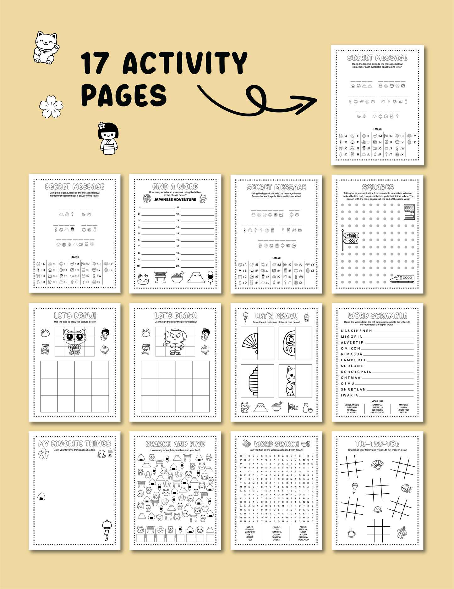 Japan Printable Activity Bundle with Coloring Pages, Word Search, Word Scramble, Games & Maze Activities!