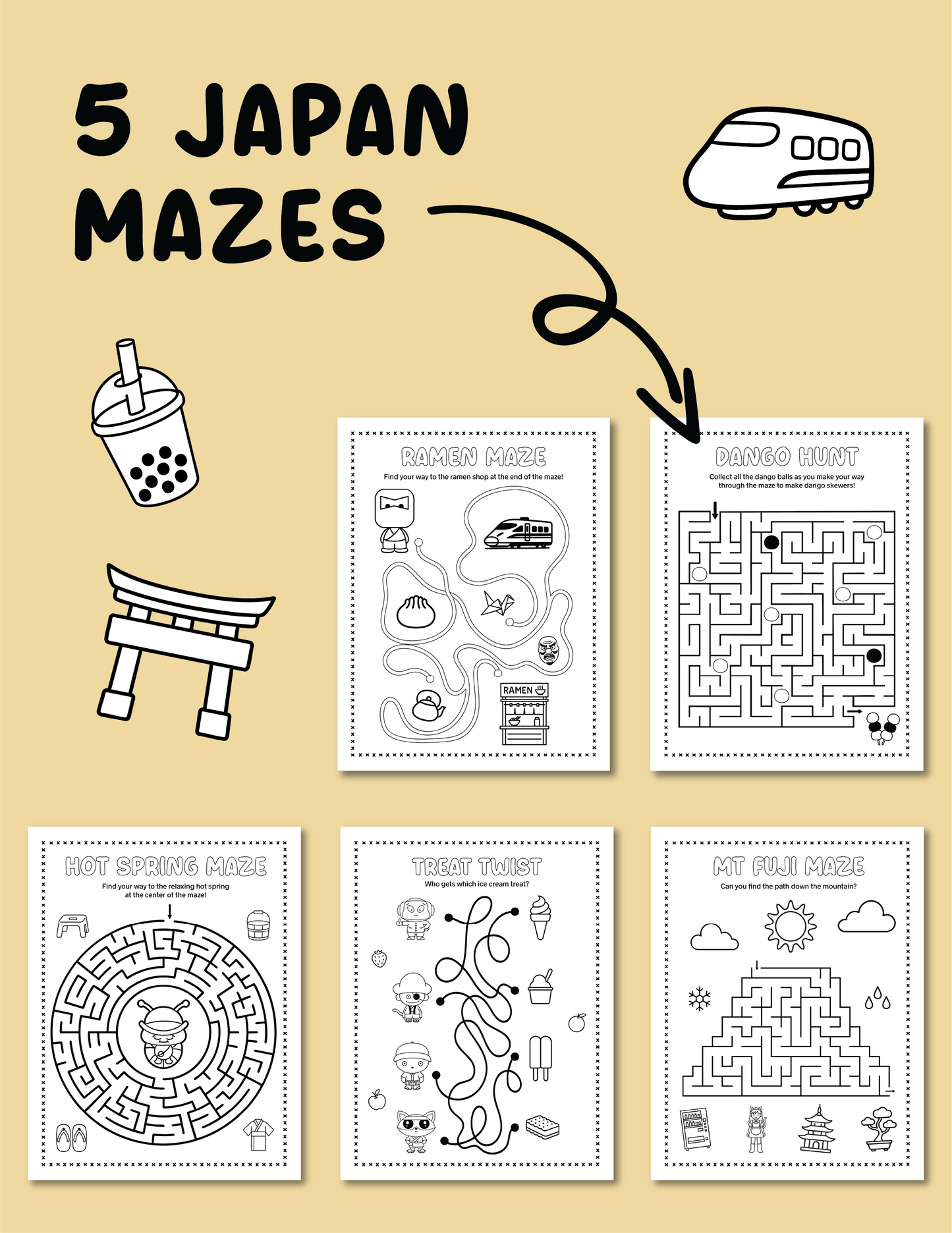 Japan Printable Activity Bundle with Coloring Pages, Word Search, Word Scramble, Games & Maze Activities!