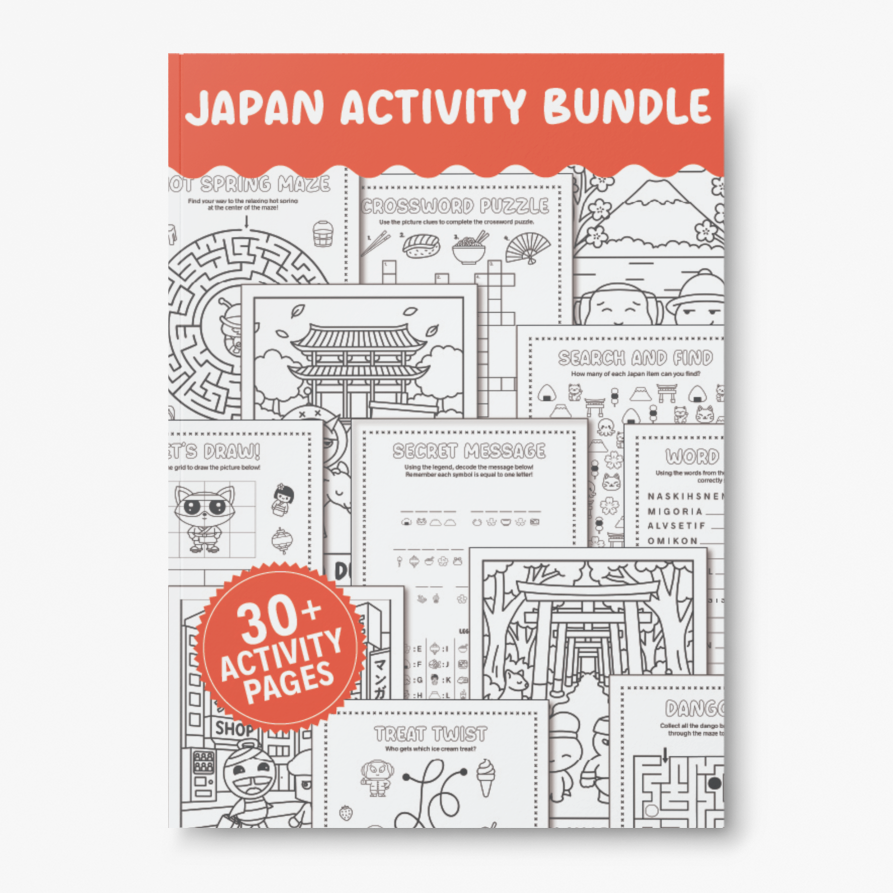 Japan Printable Activity Bundle with Coloring Pages, Word Search, Word Scramble, Games & Maze Activities!