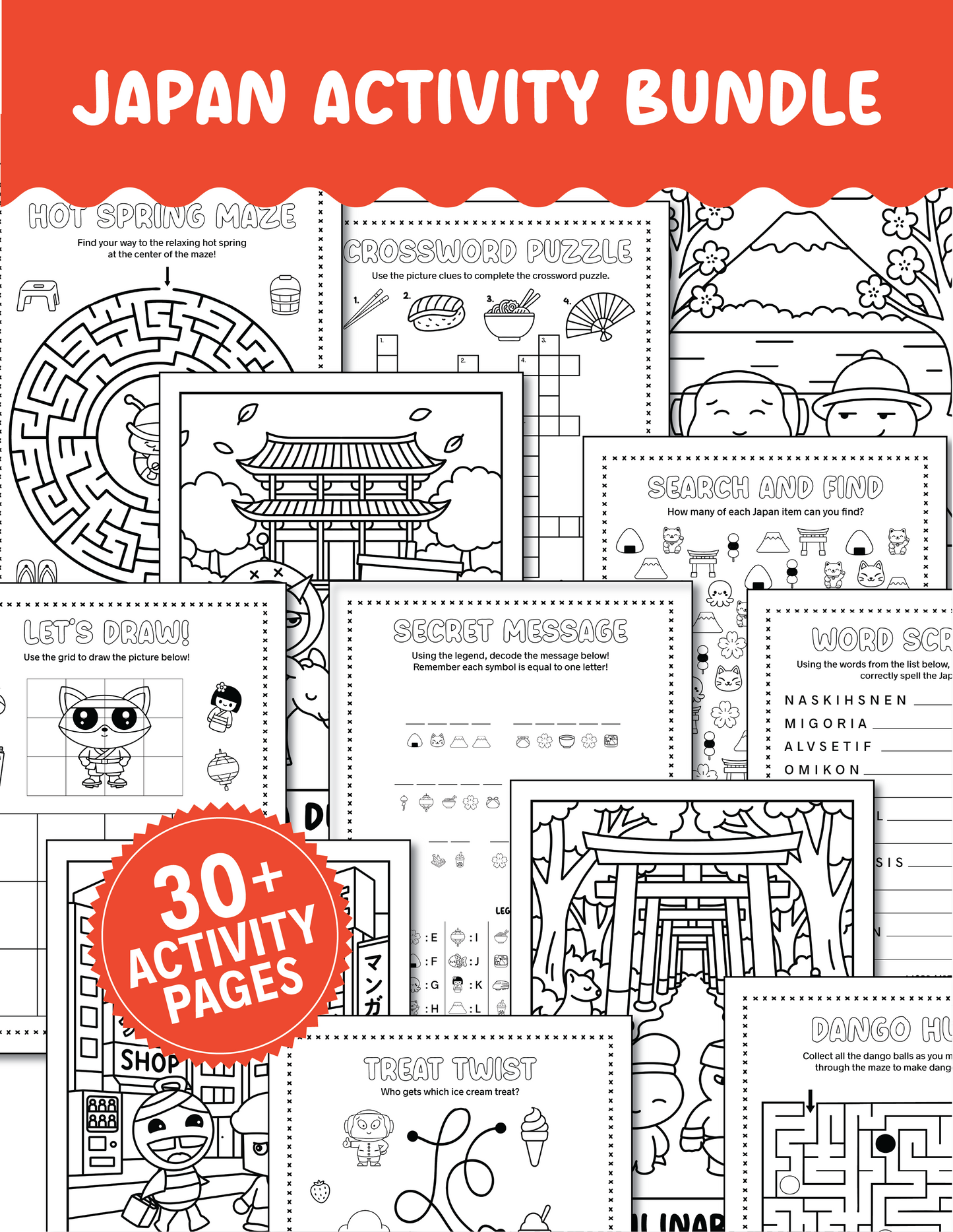 Japan Printable Activity Bundle with Coloring Pages, Word Search, Word Scramble, Games & Maze Activities!