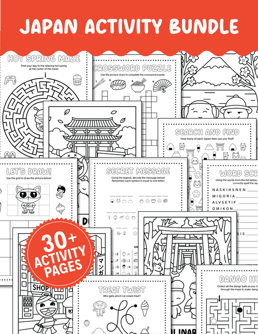 Japan Printable Activity Bundle with Coloring Pages, Word Search, Word Scramble, Games & Maze Activities!